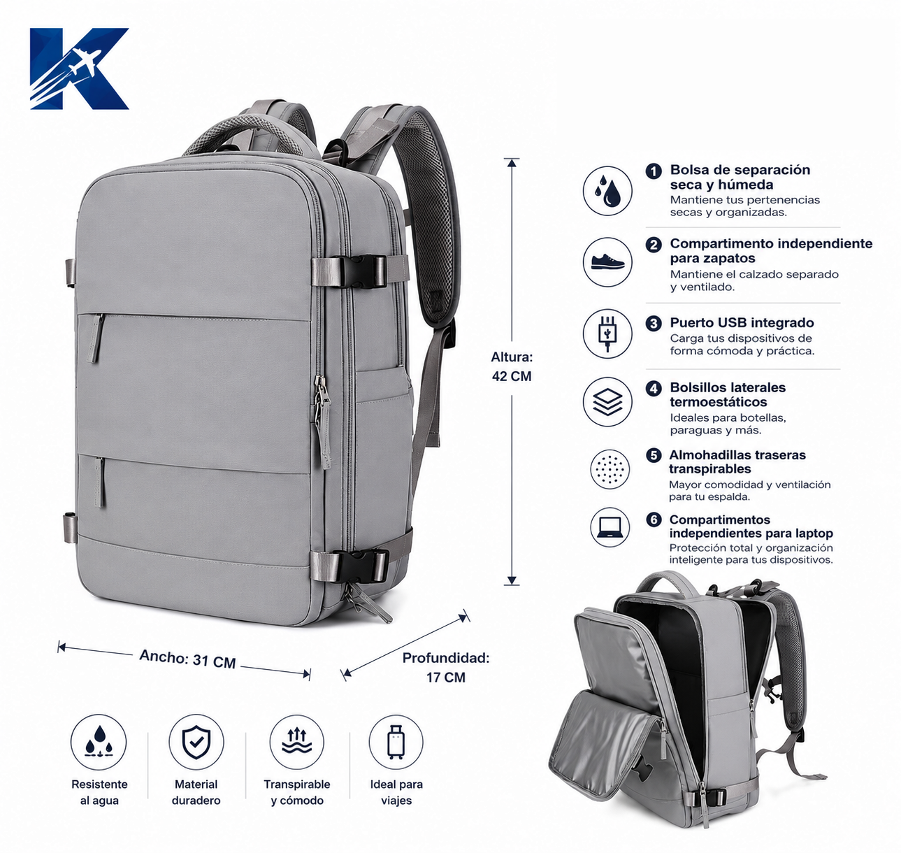 Mochila De Viaje Inteligente Impermeable Para Laptop 15.6" Con Bolsa Organizadora - Aprobada Por Avión (10kg)