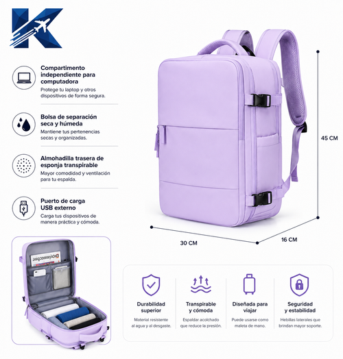 Mochila De Viaje Inteligente Impermeable Para Laptop 15.6" Con Bolsa Organizadora - Aprobada Por Avión (10kg)