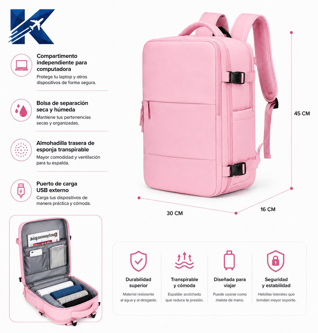 Mochila De Viaje Inteligente Impermeable Para Laptop 15.6" Con Bolsa Organizadora - Aprobada Por Avión (10kg)