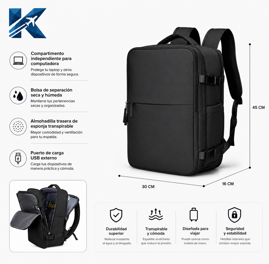 Mochila De Viaje Inteligente Impermeable Para Laptop 15.6" Con Bolsa Organizadora - Aprobada Por Avión (10kg)